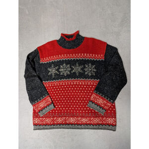 Women's Jones New York Sport Red & Gray Snowflake Turtleneck Sweater L Wool